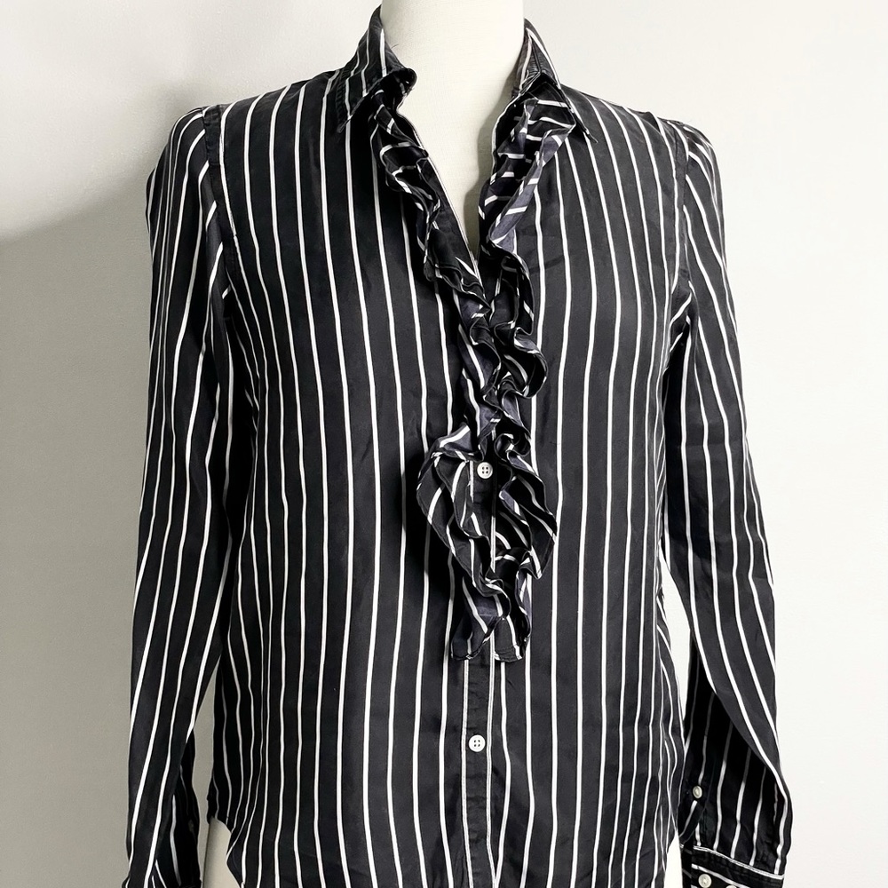 LAUREN RALPH LAUREN Petites Striped Silk Ruffle Blouse